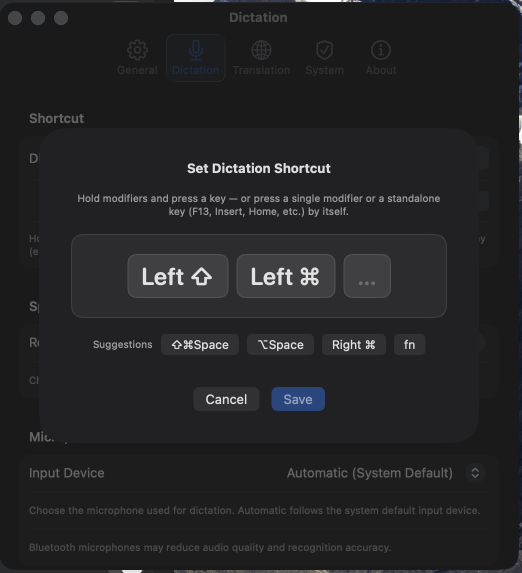 Hotkey settings (Settings > Dictation)