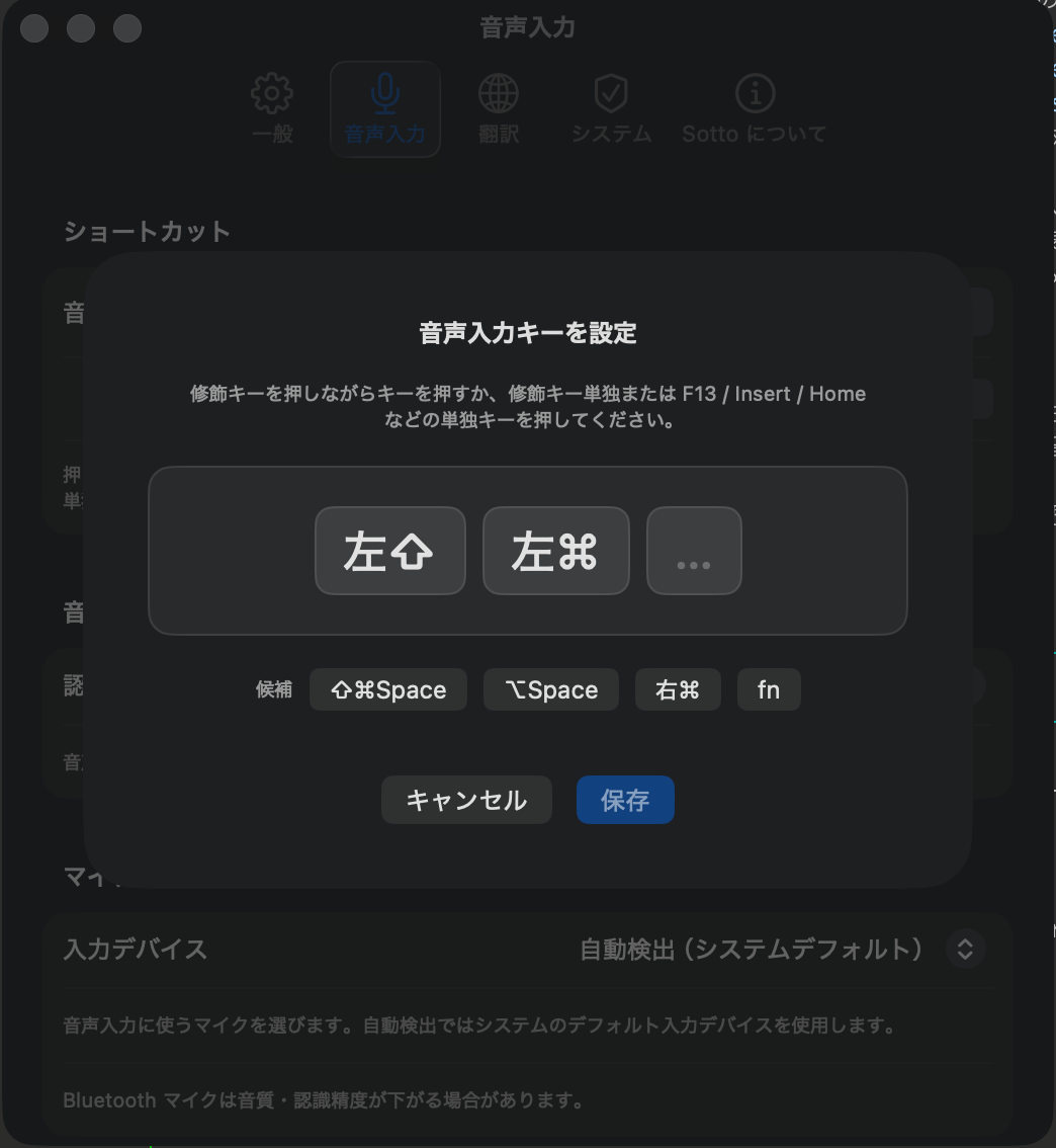 ホットキーの設定（設定 > 音声入力）