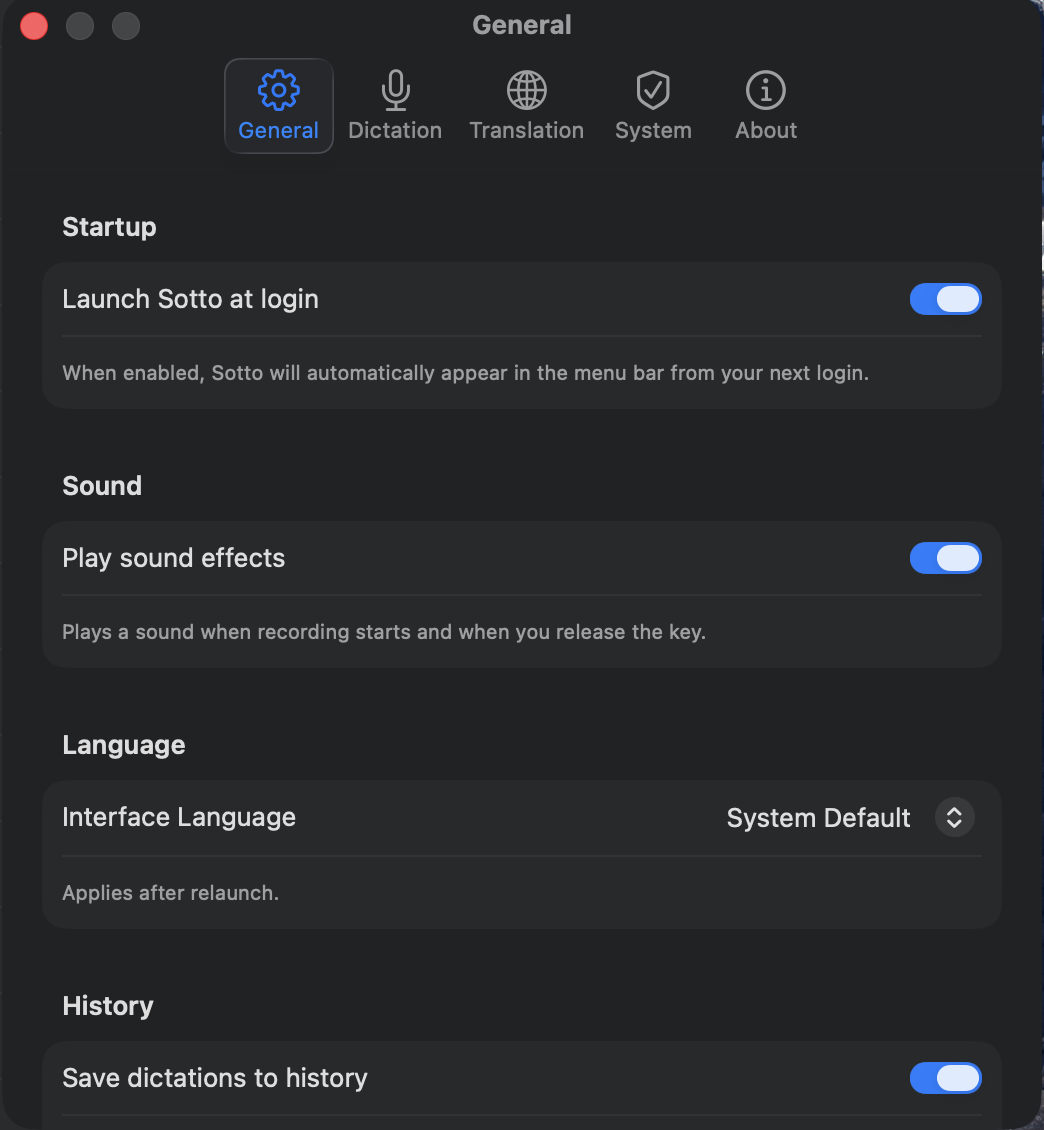 Settings window